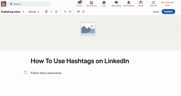 GIF showing how to add a hashtag to an article on LinkedIn